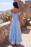 Off the Shoulder A Line Blue Floral Wedding Guest Dress