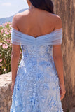 Off the Shoulder A Line Blue Floral Wedding Guest Dress