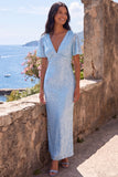 Sparkly Light Blue Sheath V-Neck Wedding Guest Dress