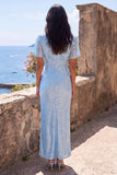 Sparkly Light Blue Sheath V-Neck Wedding Guest Dress