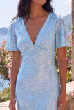 Sparkly Light Blue Sheath V-Neck Wedding Guest Dress