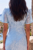 Sparkly Light Blue Sheath V-Neck Wedding Guest Dress