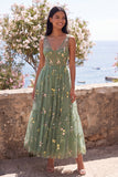 Dusty Sage Corset Embroidered A Line Wedding Guest Dress