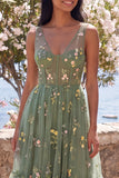 Dusty Sage Corset Embroidered A Line Wedding Guest Dress