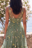 Dusty Sage Corset Embroidered A Line Wedding Guest Dress
