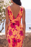 Orange Pleated V-Neck Floral Wedding Guest Dress