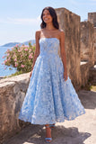 Blue A Line Floral Lace Strapless Wedding Guest Dress