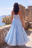 Blue A Line Floral Lace Strapless Wedding Guest Dress