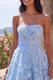 Blue A Line Floral Lace Strapless Wedding Guest Dress