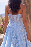 Blue A Line Floral Lace Strapless Wedding Guest Dress