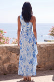 Blue Floral Ruched One Shoulder Wedding Guest Dress with Side Streamer