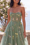 Dusty Sage A Line Sweetheart Embroidered Floral Midi Dress