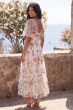 Floral Embroidered Ivory V-Neck A Line Midi Dress with Flutter Sleeves