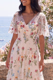 Floral Embroidered Ivory V-Neck A Line Midi Dress with Flutter Sleeves