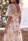 Floral Embroidered Ivory V-Neck A Line Midi Dress with Flutter Sleeves