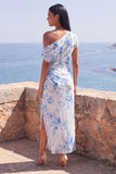 One Shoulder Blue Flower Wedding Guest Dress with Slit
