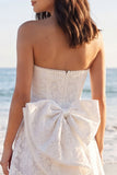 Strapless Lace Pearl Ivory Graduation Dress with Bow