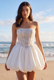 Beaded Corset Strapless Ivory Bubble Mini Dress with Bow