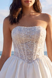 Beaded Corset Strapless Ivory Bubble Mini Dress with Bow
