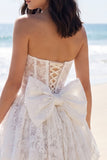 Sweetheart Ivory A Line Corset Floral Lace Graduation Dress with Bow