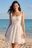 Ivory Corset Square Neck Floral Mini Graduation Dress