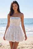 Ivory Strapless Floral Lace Graduation Dress