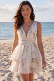 Ivory Floral V-Neck Tiered A Line Graduation Dress