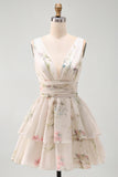 Ivory Floral V-Neck Tiered A Line Graduation Dress