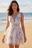 Ivory Floral V-Neck Tiered A Line Graduation Dress