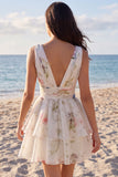 Ivory Floral V-Neck Tiered A Line Graduation Dress