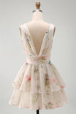 Ivory Floral V-Neck Tiered A Line Graduation Dress