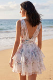 Ivory Floral V-Neck Tiered A Line Graduation Dress