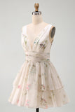 Ivory Floral V-Neck Tiered A Line Graduation Dress