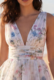 Ivory Floral V-Neck Tiered A Line Graduation Dress