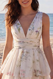 Ivory Floral V-Neck Tiered A Line Graduation Dress