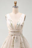 Ivory Floral V-Neck Tiered A Line Graduation Dress