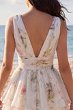 Ivory Floral V-Neck Tiered A Line Graduation Dress
