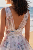 Ivory Floral V-Neck Tiered A Line Graduation Dress