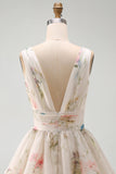 Ivory Floral V-Neck Tiered A Line Graduation Dress