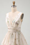 Ivory Floral V-Neck Tiered A Line Graduation Dress