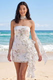 Floral Ivory Strapless Ruffle Bodycon Graduation Dress with Scarf