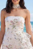 Floral Ivory Strapless Ruffle Bodycon Graduation Dress with Scarf