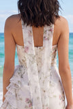 Floral Ivory Strapless Ruffle Bodycon Graduation Dress with Scarf