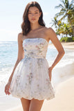 Strapless Ivory A Line Floral Graduation Dress