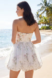 Strapless Ivory A Line Floral Graduation Dress