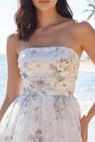 Strapless Ivory A Line Floral Graduation Dress