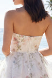 Strapless Ivory A Line Floral Graduation Dress