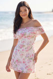 Off the Shoulder Bodycon Light Pink Floral Mini Dress