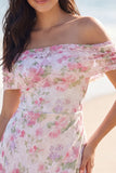 Off the Shoulder Bodycon Light Pink Floral Mini Dress