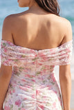 Off the Shoulder Bodycon Light Pink Floral Mini Dress